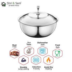 Micro Hammered Donga <b>with</b> <b>Lid</b> Stainless Steel for <b>Serving</b> and Displaying Food for <b>Bowls</b> - Product Image 1