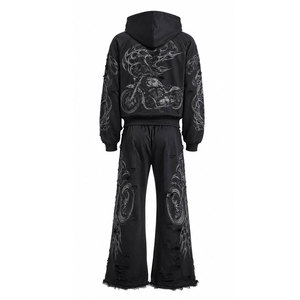 Survêtement à capuche imprimé personnalisé pour homme, streetwear, coupe ample, longueur intégrale, pour l'automne, avec poches latérales, motif moto noir - Product Image 3