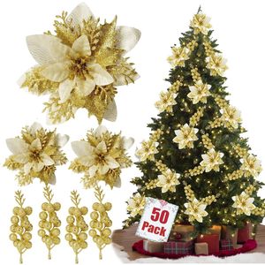 50 Pezzi di Fiori di Poinsettia Glitterati Artificiali con Clip, Decorazioni Natalizie per Ghirlande e Corone, Ornamenti per Decorazioni Festive - Product Image 2