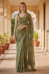 Sari Tradicional Indio de Moda Sencillamente Impresionante con Patrón Multicolor y Bordado Intrincado en Dorado - Product Image 5