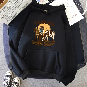 Sudaderas con capucha para mujer, nueva calidad, diseño 'La Vaquera y su Vaca y Caballo Viven en el Oeste', estilo Hip Hop urbano, cuello redondo con bolsillo - Product Image 6