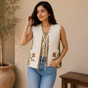 Chaleco acolchado de algodón hecho a mano para mujer, con estampado floral, sin mangas, con lazo frontal, estilo casual bohemio, con bolsillos. - Product Image 4