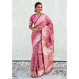 ผ้าไหมซาตินสีชมพูแบบ Banarasi Jaal พร้อมลายปักดิ้นสีชมพู  เสื้อผ้าอินเดียและปากีสถาน - Product Image 1