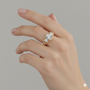 แหวนหมั้นเพชรทรงปาเว่สามเม็ด ตัวเรือนทองคำ ประดับเพชรแบบหนามเตย สำหรับผู้ที่ได้รับการรับรอง - Product Image 2