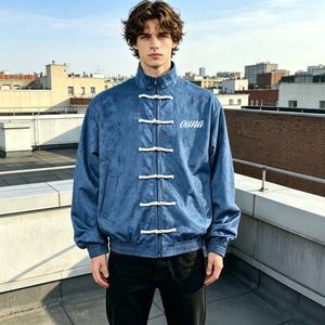 Ouna Men's Chinese Style Denim Bomber <b>Jacket</b> Stand Collar Embroidery Logo Blue Autumn Regular Fit Washed Polyester - Product Image 2