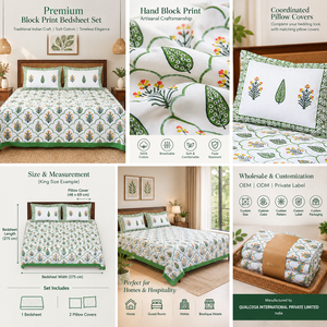 Parure de lit de luxe légère en coton premium 200TC, imprimée pigmentairement, durable, avec taies d'oreiller, motif floral vert, imprimé à la main indien, vente en gros - Product Image 6