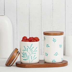 Ensemble de pots de rangement en céramique de qualité supérieure avec couvercle en bois, récipient de cuisine hermétique, design élégant en forme de feuille, organisateur polyvalent - Product Image 1