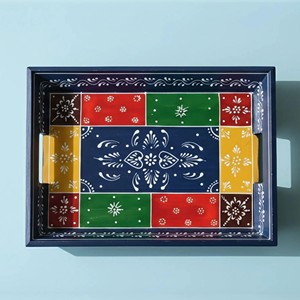Bandeja Rectangular de Madera de Pino Pintada a Mano, Estilo Tradicional |   Plato de Madera de Arte Folclórico Indio al por Mayor - Product Image 1