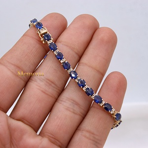 Bracelet tennis en or jaune massif 14 carats fait main, saphir bleu naturel, diamant véritable, bijoux ethniques raffinés pour fiançailles et fêtes - Product Image 5