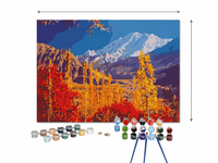 Peinture à l'huile par numéros DIY, Paysage de printemps avec montagne enneigée, bois d'érable et rivière, pour enfants, adultes et débutants