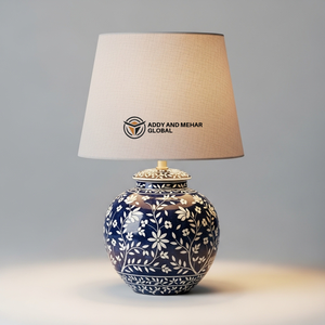 Lanterne de table artisanale en os bleu incrusté avec motif floral, lampe de chevet décorative de luxe avec abat-jour en tissu pour la maison et l'hôtel - Product Image 1