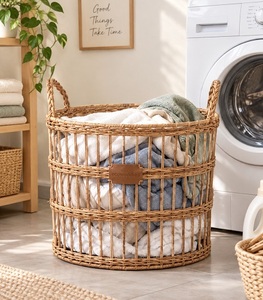 Round <b>Wicker</b> Laundry Basket With Handles Plant Fiber Storage Basket For Clothing Rustic Style Handcrafted Eco-Friendly - Product Image 1