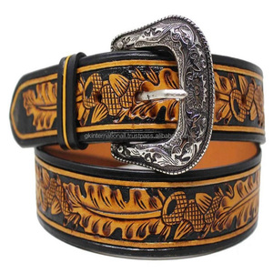 Cinturón de herramientas de cuero genuino curtido Vintage hecho a mano, cinturón de hebilla de flor tallado Retro informal para tamaños personalizados unisex - Product Image 2