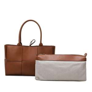 Brown <b>Woven</b> Tote <b>Bag</b> Large Capacity Shoulder Handbag Zipper Closure Genuine <b>Leather</b> for Travel Shopping - Product Image 2