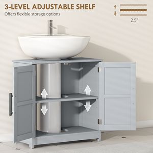 Mobiletto da Bagno Grigio Scuro Stile Rustico con Lavabo a Colonna, Armadietto a Terra con 2 Ante Scorrevoli e Ripiano Regolabile - Product Image 6