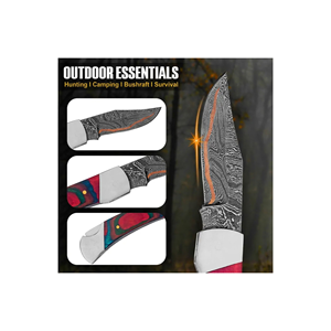 Cuchillo de caza de hoja fija de acero de Damasco hecho a mano por PAK ENTERPRISES con mango de madera grabado y taladro de metal ornamentado - Product Image 4
