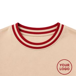 Ensemble décontracté deux pièces beige et rouge pour femme : T-shirt à manches courtes et pantalon large avec rayures contrastées - Product Image 6