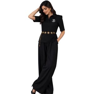 Ensemble haut décontracté à manches courtes et col en V noir uni et pantalon palazzo à jambes larges - Product Image 4
