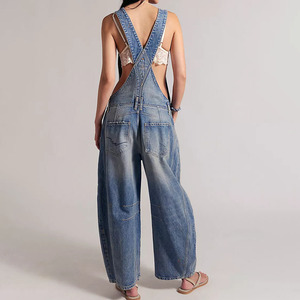 Women's Vintage Washed Denim Dungarees <b>Jumpsuit</b> Multi <b>Pockets</b> Casual Baggy Workwear Overall - Product Image 2