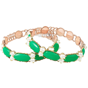 Jade and Pearl Geometric <b>Bangles</b> Set-Trendy <b>Copper</b> Brass Bracelets for Engagement - Product Image 2