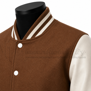 Chaqueta Varsity Personalizada de Lana Marrón con Mangas de Cuero PU Blanco, Resistente al Viento, Ecológica, Unisex, Diseño Invernal, Fabricante Mayorista OEM - Product Image 6