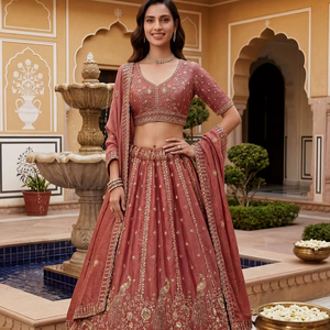 Dhwaja Export Heavy Designers pour Lehenga Choli de mariage traditionnel en soie, avec travail manuel et motif paon - Product Image 1