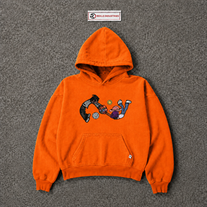 Sweat à capuche graphique orange avec motifs de personnages de dessins animés amusants, style streetwear vintage délavé, coupe oversize, décontracté, avec logo sur le devant - Product Image 5