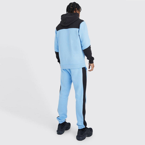 <b>Men's</b> Light Blue Black Panel Winter Hooded Tracksuit Set 100% Cotton Breathable Bold Chest Print Jogger Pants Side Stripe - Product Image 3