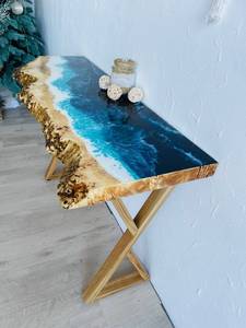 Mesa Consola de Resina Epoxi con Borde Natural Ocean Crest, Mueble Moderno y Duradero de Resina con Diseño Costero, Decoración Artesanal de Madera para Entrada - Product Image 5