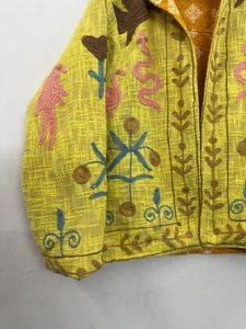 Twin Feet Bohemian Floral Green Embroidered Cotton TNT Suzani <b>Jacket</b> <b>Mandarin</b> <b>Collar</b> Handmade Ethnic Winter Wear Windproof Thick - Product Image 3