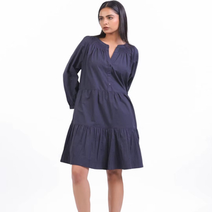 Vestido de Algodón para Mujer, Estilo Casual, Holgado, Manga Larga, Mini Vestido, Color Sólido, Cuello Fruncido - Product Image 1