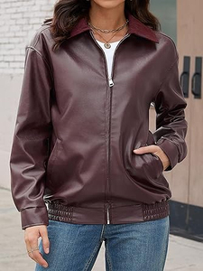 Chaqueta Bomber de Cuero PU para Mujer, Manga Larga, Cierre de Cremallera, Color Sólido, Estilo Otoñal, Cuello Camisero, Largo Regular - Product Image 2