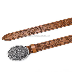 Great Craftmanship Retro Floral Embossed Western leather <b>tooling</b> <b>belt</b> for unisex with Designer Oval Shape rhinestone buckle - Product Image 4