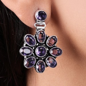 ต่างหูห้อยลายดอกไม้แบบโบฮีเมียนเงินออกซิไดซ์อัญมณีหลายเม็ดต่างหูทองเหลืองรูปดอกไม้สำหรับผู้หญิง - Product Image 2