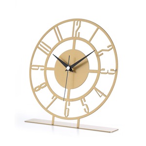 Horloge de bureau minimaliste en métal, forme circulaire, fonctionne à piles, mouvement à quartz, cadre noir, aiguilles dorées, chiffres romains - Product Image 5