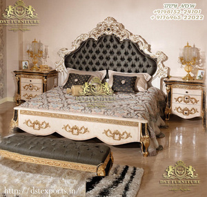 Traditional Teak Wood Handcrafted Maharaja <b>Bed</b> Luxury Solid Wood <b>Bed</b> With Nightstands Classic Golden Carved <b>Bed</b> With Side <b>Stools</b> - Product Image 6