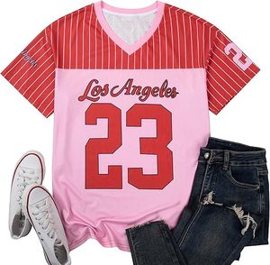 Camiseta Deportiva Oversize con Rayas Rosas y Rojas, Cuello en V, Corte Holgado, Transpirable, 100% Poliéster, Manga Corta, Estilo Jersey de Fútbol Americano B2B - Product Image 2