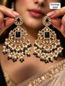 Boucles d'oreilles pendantes ethniques en laiton Kundan, motif floral, avec perles et cristaux, bijoux pour mariage et fête - Product Image 3