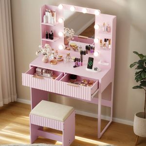 Set da toeletta con 2 cassetti e 4 ripiani in truciolato rosa con finitura melaminica, 10 lampadine a tre tonalità e multipresa - Product Image 1