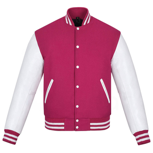 เสื้อแจ็คเก็ตวาร์ซิตี้สีชมพูสำหรับผู้ชาย แขนหนัง PU สีขาว คอตั้ง สไตล์เพรปปี้ ทรงปกติ เหมาะสำหรับใส่ในฤดูใบไม้ร่วง - Product Image 4