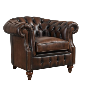 Fauteuil classique en cuir marron avec accents en bois, chaise de style mid-century pour la décoration du salon - Product Image 2