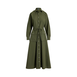 Robe chemise utilitaire personnalisée pour femme en toile 100 % coton de haute qualité, coupe trapèze longue, taille à cordon, manches longues, OEM, marque privée - Product Image 3