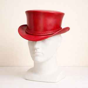 Sombrero de copa rojo unisex hecho a mano de cuero de primera calidad con banda trenzada, estilo vintage gótico steampunk, regalo para él. - Product Image 2