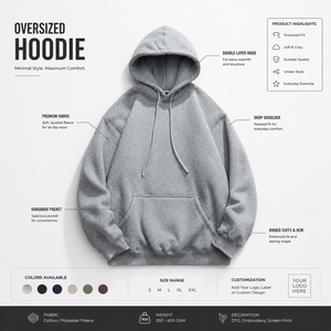 Sudadera con Capucha Oversize para Hombre, Gris Sólido, Algodón French Terry, Casual, con Bolsillos, Corte Regular, Venta al por Mayor, Ropa de Otoño - Product Image 3