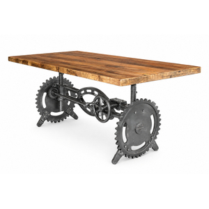 Industrial Crank Adjustable Dining Table with Gear Base Solid Wood Top Metal Restaurant Furniture - Product Image 1