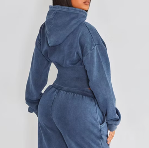 Custom Plus Size Cropped Long Sleeve Tracksuit Hip Hop Acid Wash Sweatshirts OEM Women's Streetwear High Waist Cropped Pullover - Product Image 2