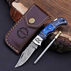 Couteau EDC à verrouillage manuel en acier Damas fait main, manche en bois, pointe droite, compact, pliable, pour la chasse et les activités de plein air - Product Image 3