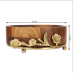 Bol de service moderne en bois avec poignée en laiton doré, plateau de service, support pour fruits secs et en-cas, décoration de table - Product Image 4