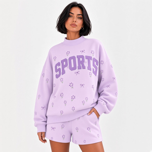 Nouvel ensemble tendance imprimé pour femme : sweat-shirt et short, col rond, coupe ample, style sportif urbain printemps - Product Image 1