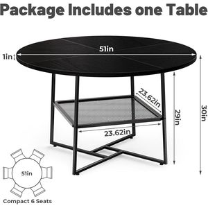 Tavolo da Pranzo Rotondo da 51 Piedi con Ripiano Portaoggetti per 4-6 Persone, Motivo a Strisce di Tigre/Nero, Salvaspazio e Stabile - Product Image 2